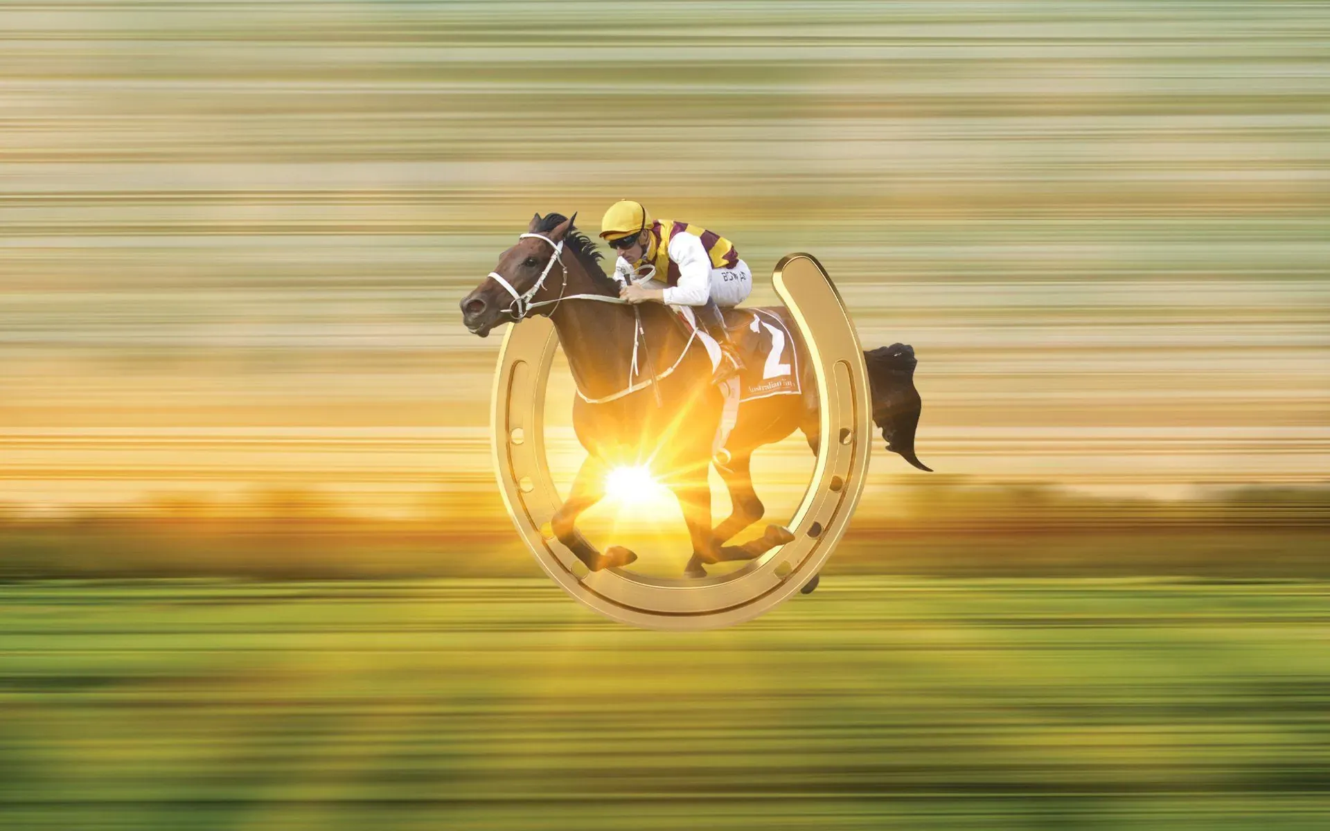 A racehorse and jockey bursting through a golden horseshoe